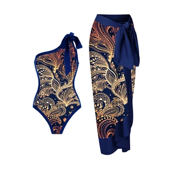 Vienos Pečių Prašmatnus Sexy Meno Spausdinti vientisas maudymosi kostiumėlis 2023 Moterų Mėlyna Prabangus Push-Up Bikinis Nustatyti Vasaros Maudymosi Kostiumą Paplūdimio