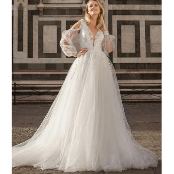 Elegantiškas-Line 2023 Vestuvių Suknelė Gilia V-Kaklo, Blizga Puošnios Nėrinių Aplikacijos nuo peties Sluoksniuotos Rankovėmis Backless Vestido De Novia
