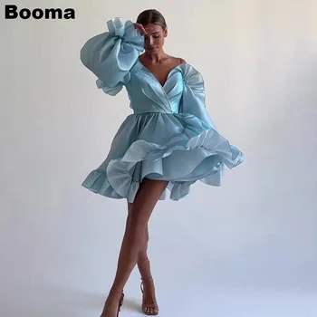 Baby Booma Mėlyna Linija Mini Prom Dresses Off Peties Raukiniai V-Kaklo, Ilgomis Rankovėmis, Vakaro Suknelės, Šaliai, Suknelės, Kokteilių Suknelės