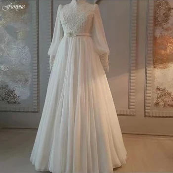 Chalatas De Mariée 2022 Elegantiškas ilgomis Rankovėmis Vestuvių Suknelės-Line Tiulio Nėrinių Aukšto Kaklo Dubajus arabų Musulmonų Nuotakos Suknelė Nuotaka