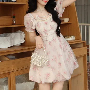 Lolita Pink Y2k Mini Suknelė Moteris Beach Trumpas Rankovės Gėlių Suknelė Naują Korėjos Mados Atsitiktinis Saldus Trumpas Šalis Suknelė Vasarai