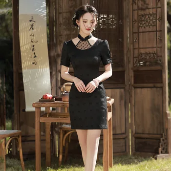 Vasaros Juoda Cheongsam Trumpomis Rankovėmis Suknelė Tradicinių Senovinių Kostiumų, Elegantiškas Mini Qipao