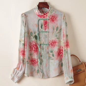 Kinų Stiliaus Moterų Vintage Marškinėliai Pavasario Vasaros Elegantiški Marškinėliai ilgomis Rankovėmis Palaidinės Moterims, 100% Nekilnojamojo Šilko Moteris Gėlių Palaidinė