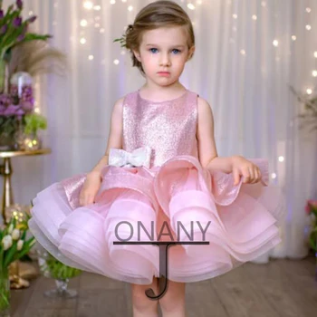 JONANY Reljefiniai Pink Flower Girl Dress Blizgučiai Sluoksniuotos Pritaikytos Šalies Prom Inscenizacija Vestido Maža Mergaitė, Pirmoji Komunija Ceremonija