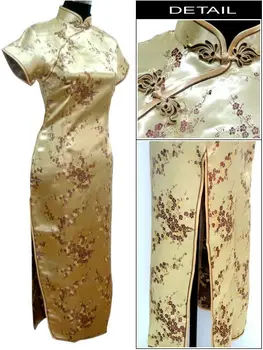 Aukso Tradicinės Kinų Suknelė Moterų Satin Ilgos Cheongsam Qipao Drabužių Gėlių S M L XL XXL XXXL 4XL 5XL 6XL J3081