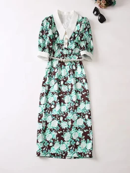 Kilimo ir tūpimo tako Mados Vasaros Suknelės Moterims 2023 Dizaineris Gėlių Spausdinti Perlai Diržo Atostogų Vestidos Tiesiai Midi Atsitiktinis Rūbeliai