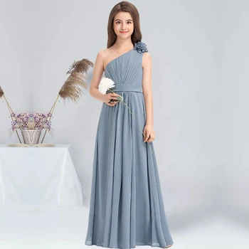 A-line Vieną Petį Grindų Ilgio Šifono Jaunimo Bridesmaid Suknelę Su Gėlių Dulkių Blue Flower Girl Dress Šalis, Vestuvių Vaikai