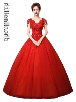 Raudona Romantiška V-Kaklo Trumpomis Rankovėmis Vestuvių Suknelės, Nėriniai Appliques Individualų Plius Dydis Vestuvių Suknelė Vintage Vestido De Noiva