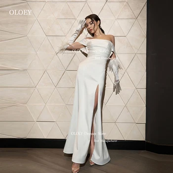 OLOEY Paprastas Elegantiškas Satino Vestuvių Suknelės-Line Kulkšnies Ilgis Off Peties Stebėjimo Padalinta Dubajus Arabija Vestuvinės Suknelės Proga