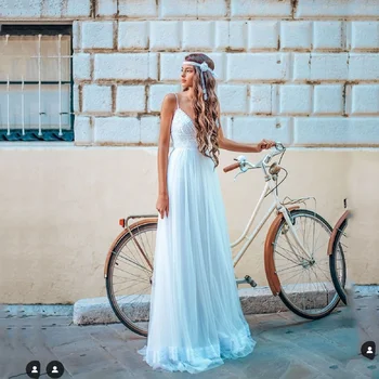 Boho Spageti Dirželis Nuotakos Suknelė Su V-Kaklo Valyti Tiulio Vestuvių Suknelės 2021 Užtrauktukas Rankovių Bohemijos Vestuvių Suknelė