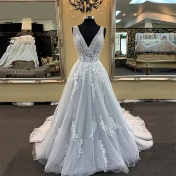 NUOXIFANG Vestuvių Suknelė 2020 Elegantiškas V-Kaklo, Nėriniai Appliques Tiulio-Line chalatas de mariage Vestidos De Noiva longo nuotakos suknelė
