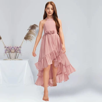 A-line Apynasrio Nesimetriškas Šifono Jaunimo Bridesmaid Suknelę Su Gėlių Domino Raukiniai Blush Gėlių Mergaitės Suknelė, Vestuvės Vasarą