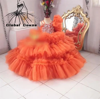 Oranžinė Realios Nuotraukos Crystal Brangioji Inscenizacija Suknelės Mergaitėms Tiulio Raukiniai Pakopų Vaikai Flower Girl Dress Gimtadienio Suknelė