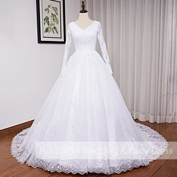 Derliaus Kamuolys suknelė vestuvių suknelė ilgomis rankovėmis V-kaklo plius dydis nėrinių aplikacijos, nėrinių iki Musulmonų nuotakos vestuvių suknelė vestido De Noiva