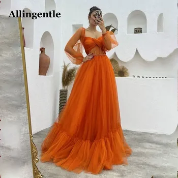 Allingentle Orange Prom Chalatai Moterims, Ilgai Tiulio Reljefiniai Rankovėmis-Line Pasakų Maxi Baigimo Vakaro Suknelės Šalis Užsakymą