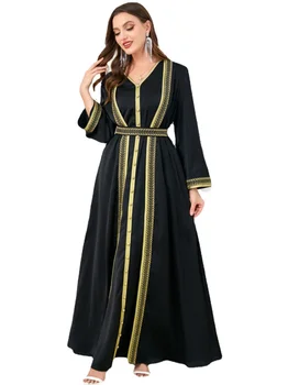 Persijos įlankos Jalabiyas Moters vakarinę Suknelę 2vnt Ilgos Suknelės Musulmonų Nustatyti Abaja Dubajus Prabanga, Aukštos Klasės V-Kaklo Nėrinių Juosta Juostinės Kaftan