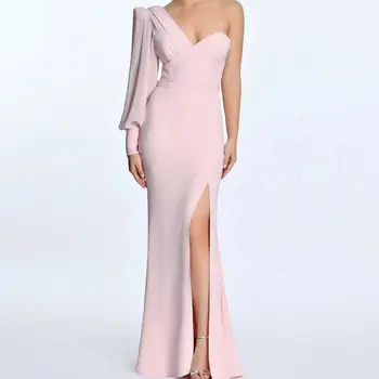 Vienos Pečių Ilgos Šifono Rankovės Pynimas Rožinės Spalvos Vakarinę Suknelę 2023 Elegantiškas Ponios Oficialus Suknelės Gimtadienio Suknelės