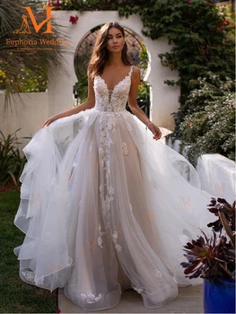 Boho Vestuvių Suknelė V-kaklas Ilgas-Line Backless 3D Gėlės Spagečiai Dirželiai Skraiste Moteris Casamento Kamuolys Suknelė Vestido De Novia
