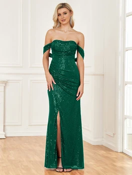 Lucyinlove 2023 Moterų Elegantiškas Off-pečių Blizgančiais vakarinę Suknelę Žalia Seksualus Padalinta Vestuves Ilgai Prom Dresses Vestidos