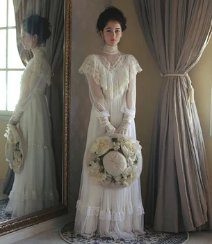 Elegantiškas Aukštos Kaklo Vestuvių Suknelė Viduramžių Viktorijos Derliaus Long Sleeve Lace Grindų Ilgis Musulmoniškos Šalies Nuotakos Suknelė Vestido
