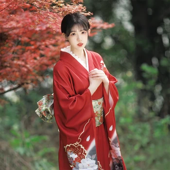 Moterų Japonijos Tradicinių Kimono Raudonos Spalvos, ilgomis Rankovėmis Oficialų Yukata Fotografijos Drabužių Atlikti Suknelė Cosplay Kostiumas
