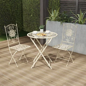 Prabangaus Namo Lankstymo Bistro Set - 3 Gabalas Stalo ir Kėdės su Ažūriniai & Gėlių Dizainas - Lauko Baldai Gardenoutdoor